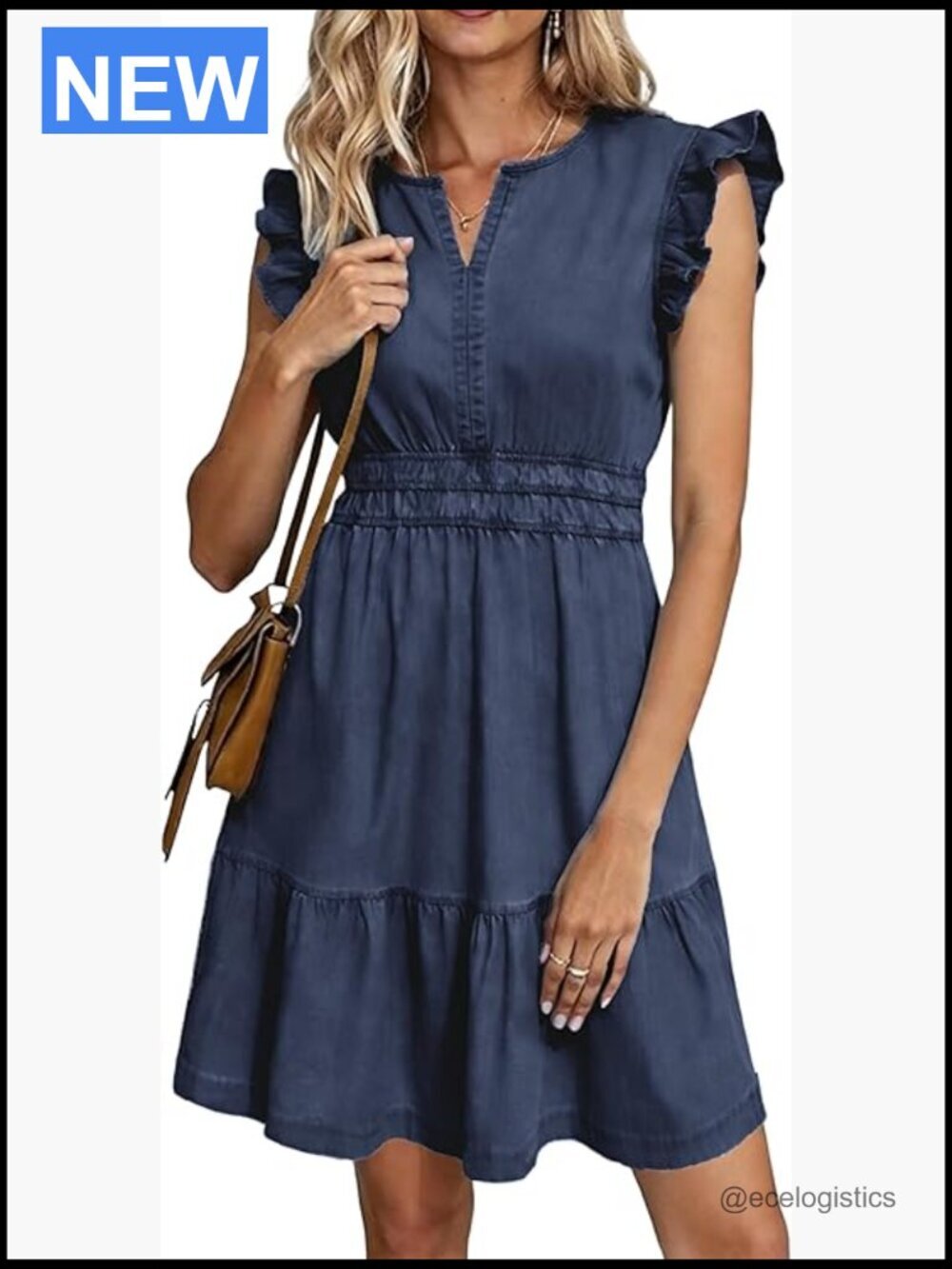 Ruffle Sleeve Denim Mini Dress Pockets Elastic Waist V Neck Summer